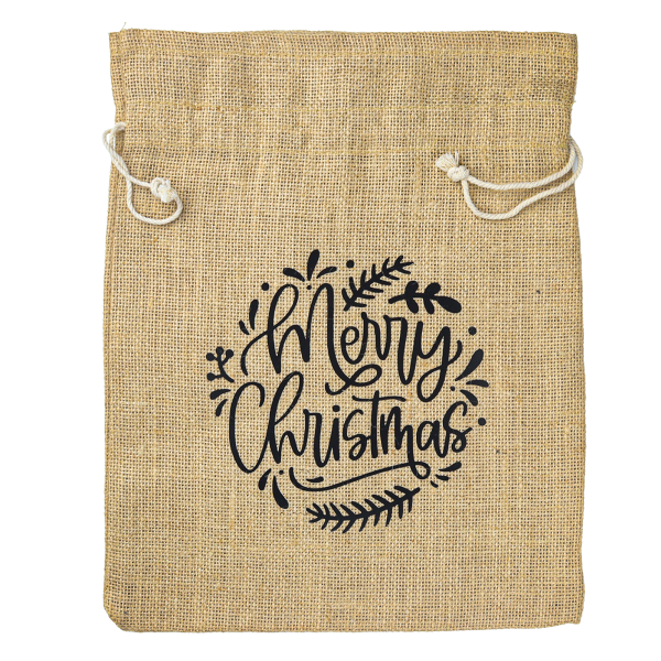 Der Jutebeutel mit dem Schriftzug Merry Christmas vorne darauf