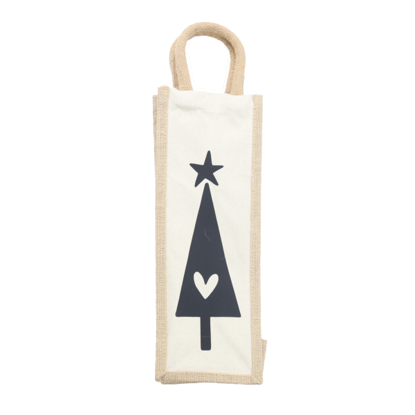 Eine Flaschentaschentasche aus Jute und Baumwolle mit Tannenbaum-Printmotiv von vorne fotografiert.
