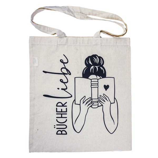 Eine Tasche wird von vorne gezeigt. Der Beutel hat ein Motiv, was passend für Bücherliebhaber ist.